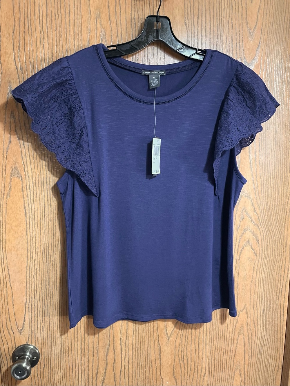 NWT Navy Blue Top with Eyelet Lace Flutter Sleeves